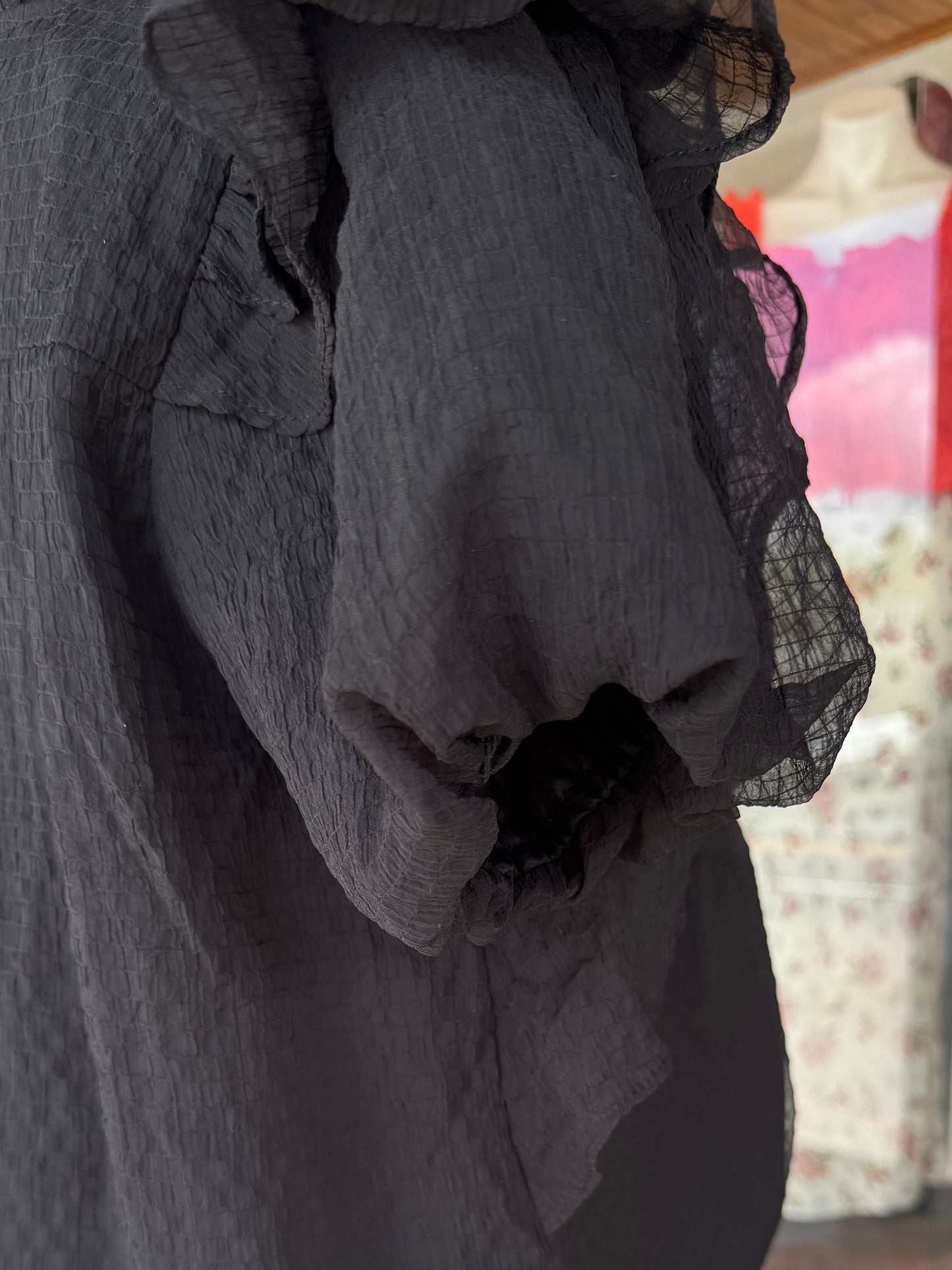 Black Textured Ruffle Blouse