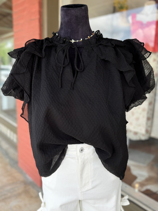 Black Textured Ruffle Blouse