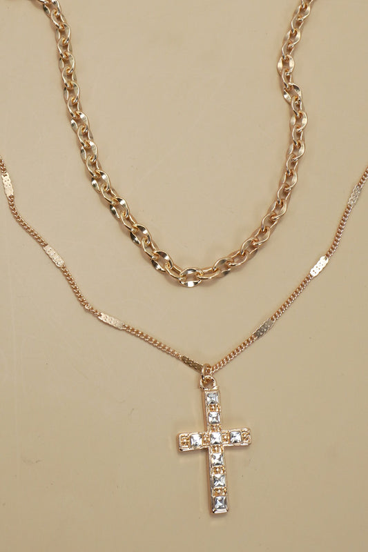 Layered Rhinestone Cross Necklace