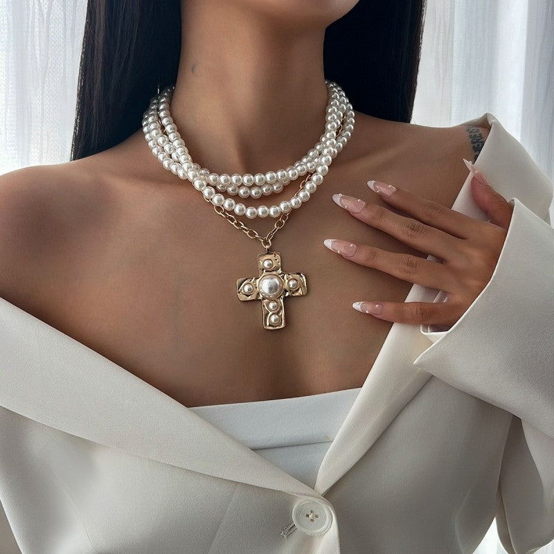 Pearl Layering Gold Cross Necklace