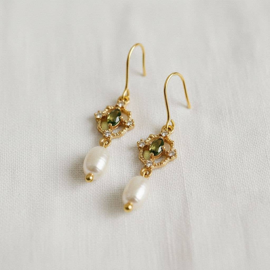 Green Gemstone & Pearl Drop Earrings
