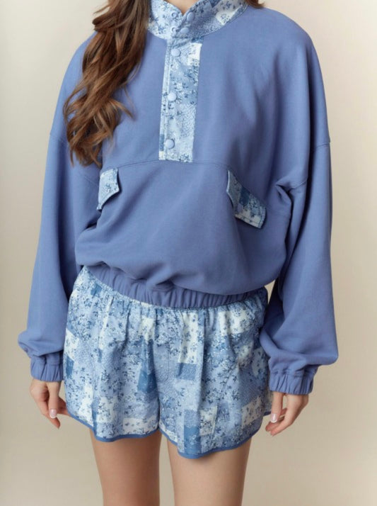 Floral Dusty Blue 1/4 Button Down