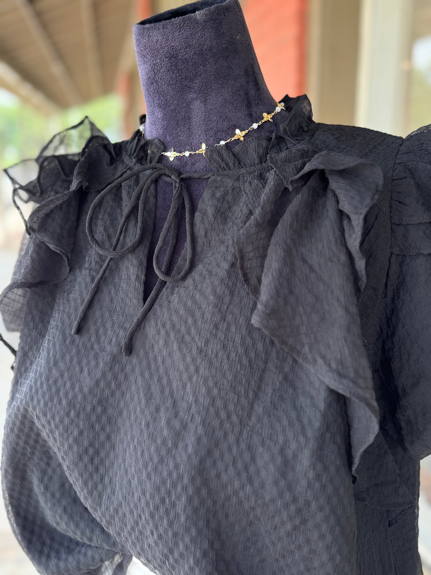 Black Textured Ruffle Blouse