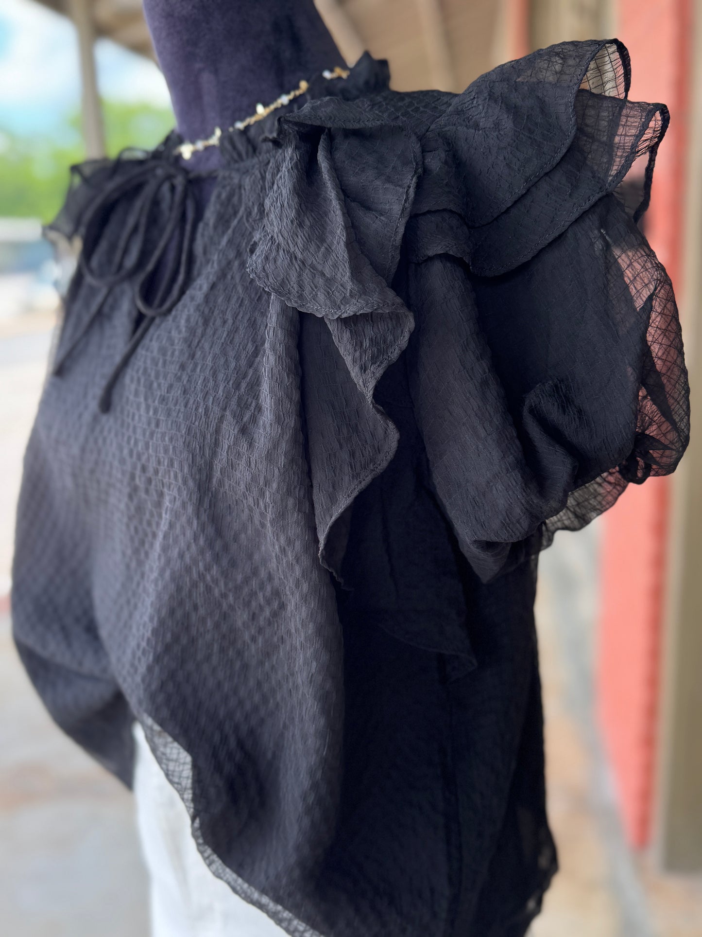 Black Textured Ruffle Blouse