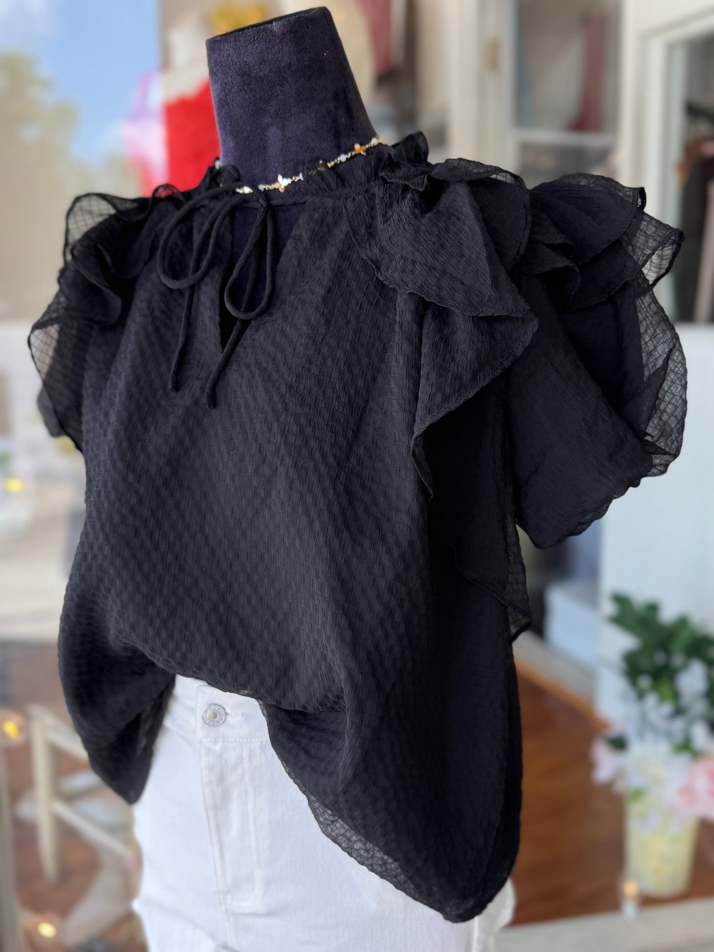 Black Textured Ruffle Blouse