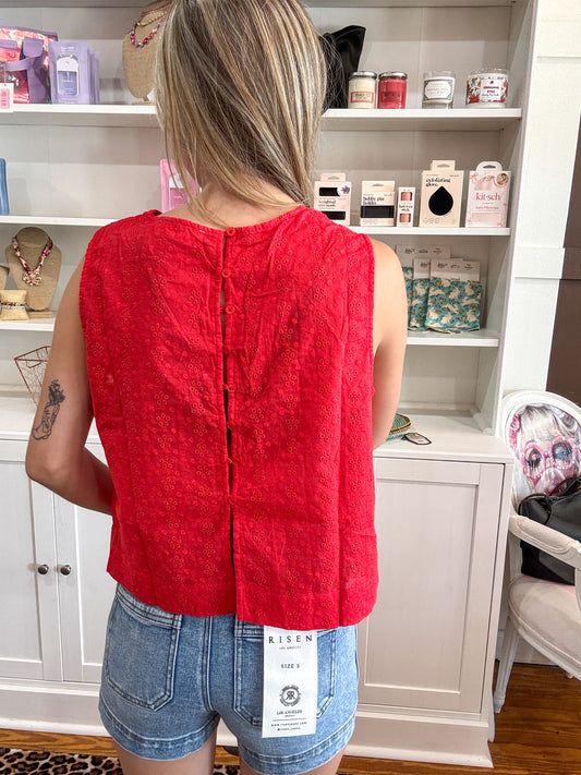Red Eyelet Embroidered Top