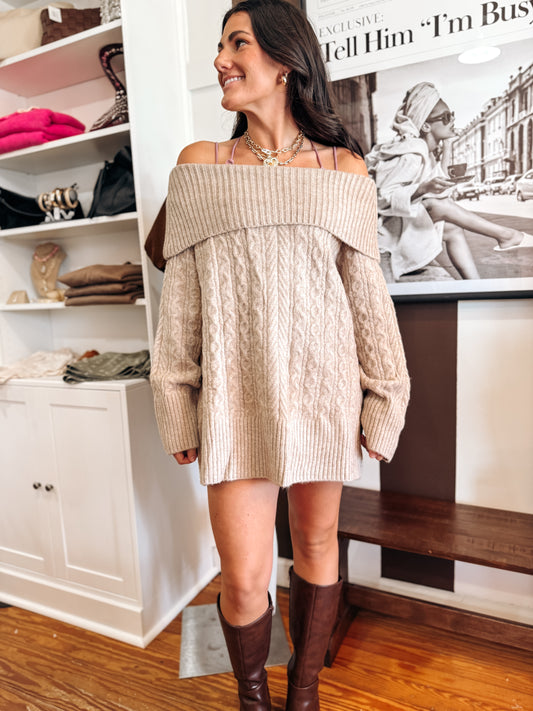 Taupe Cable Knit Sweater Dress