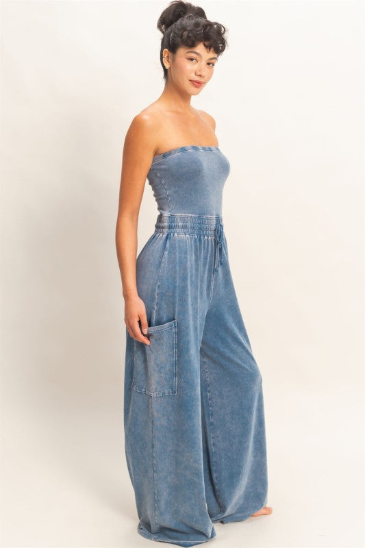 Navy Wide Leg Strapless Jumpsuit