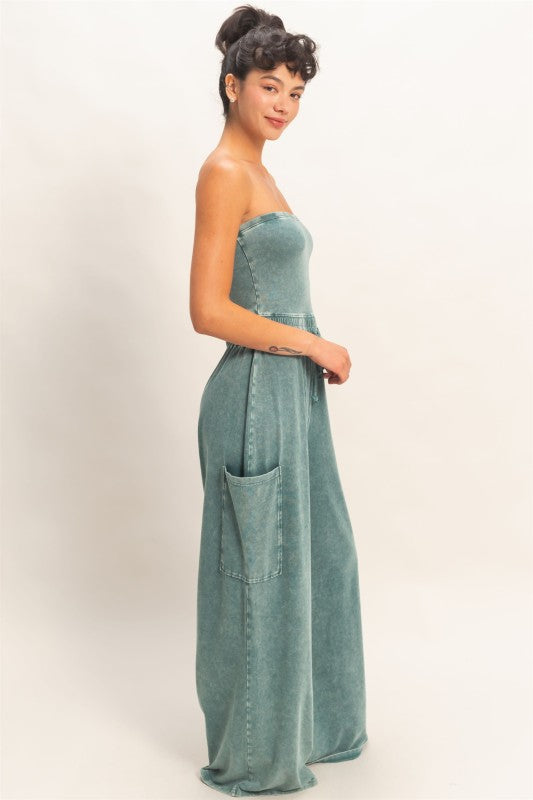 Teal Wide Leg Strapless Jumpsuit