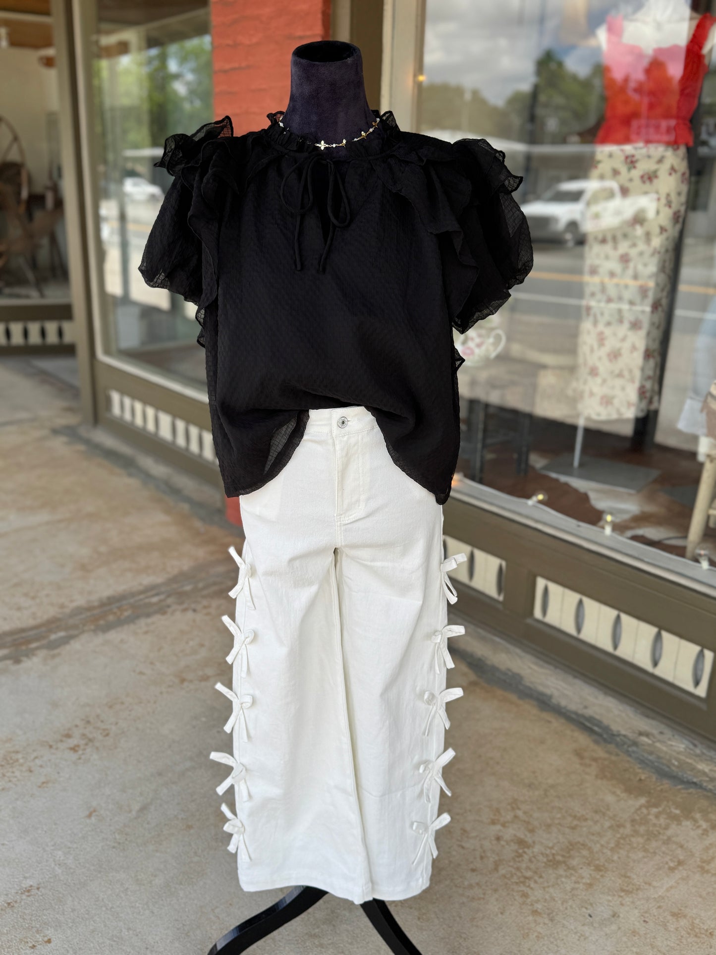 Black Textured Ruffle Blouse