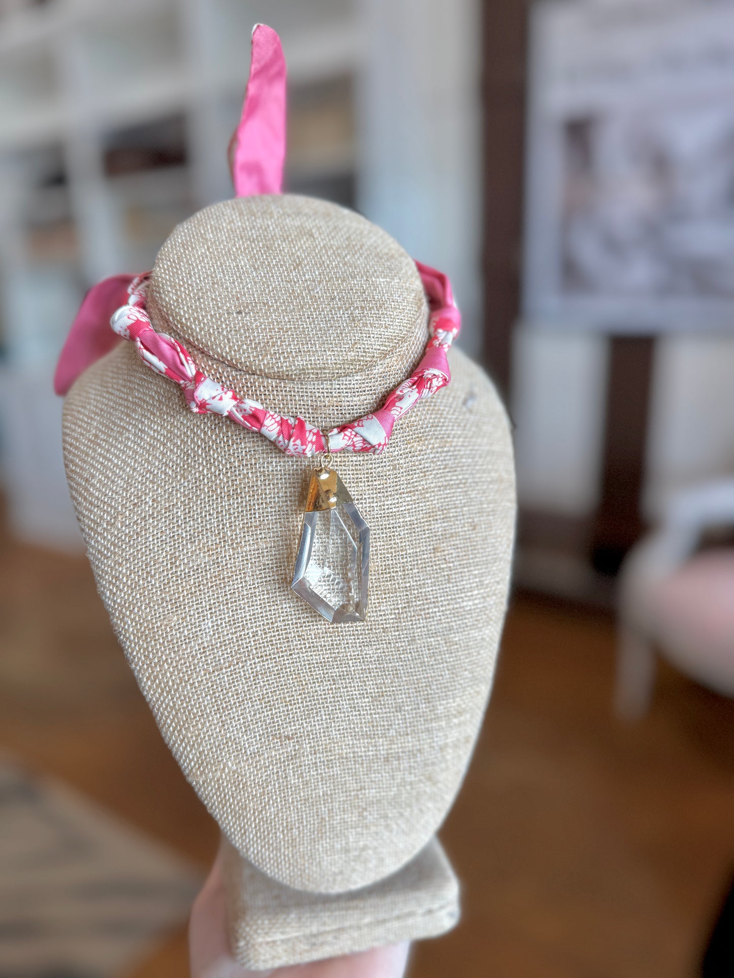 Pink Gingham Twilly Necklace