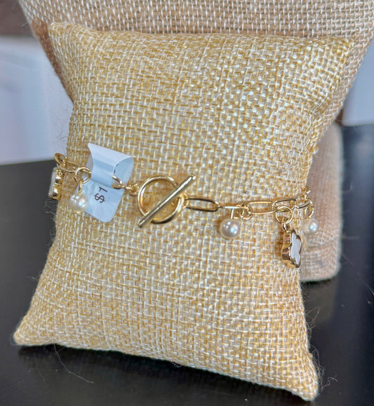 Gold Pearl Clover Charm Bracelet