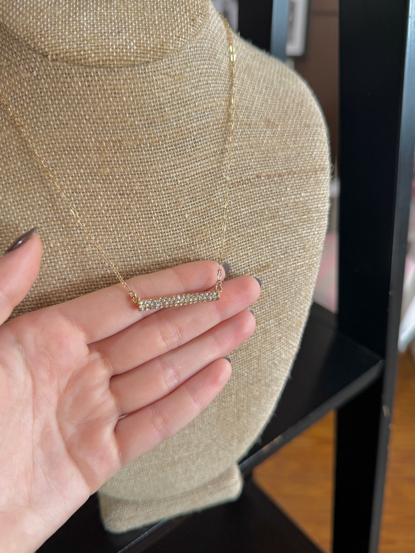 Gold Rhinestone Bar Necklace