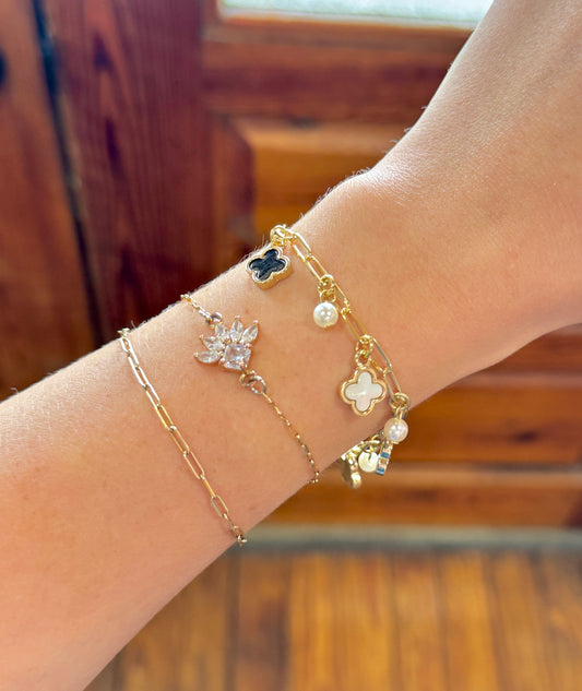 Gold Pearl & Black Charm Bracelet