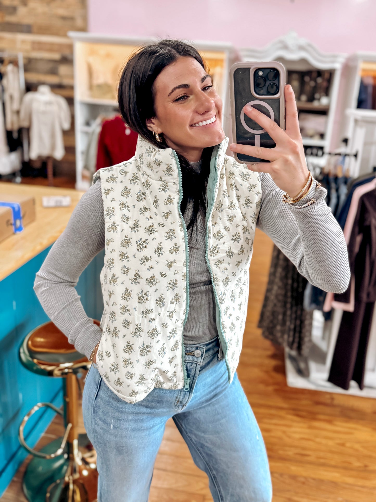 Cream Floral Puffer Vest