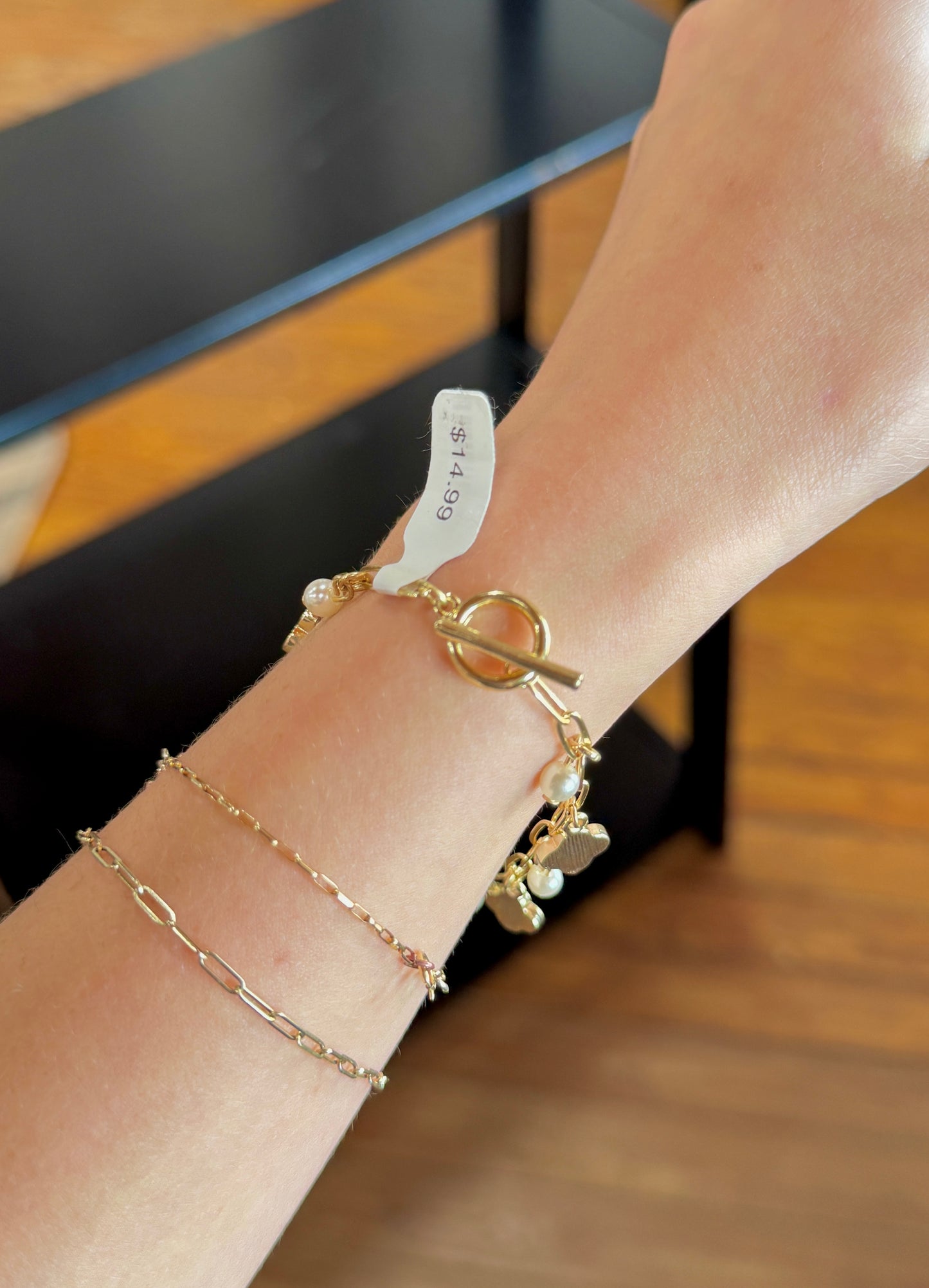 Gold Pearl & Black Charm Bracelet