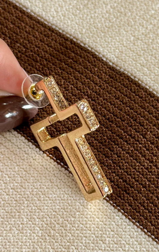 Gold Rhinestone Cross Earring