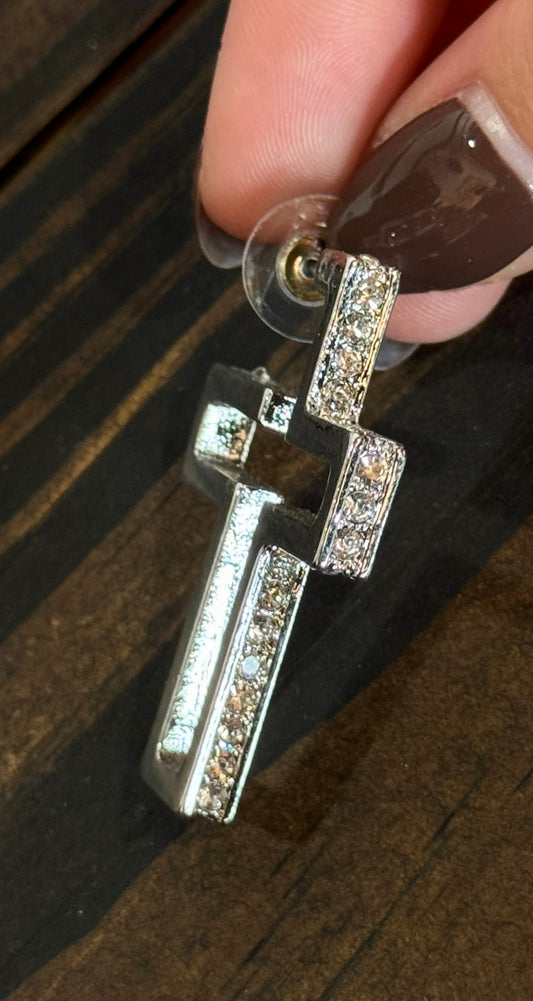 Silver Cross Rhinestone Earring