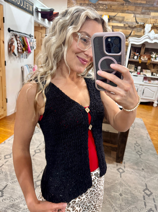 Black Crochet Button Tank