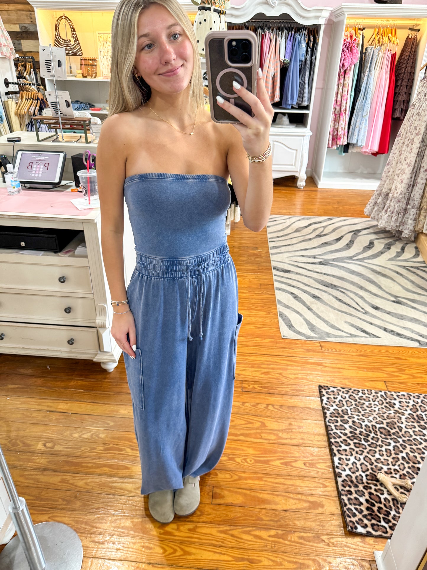 Navy Wide Leg Strapless Jumpsuit