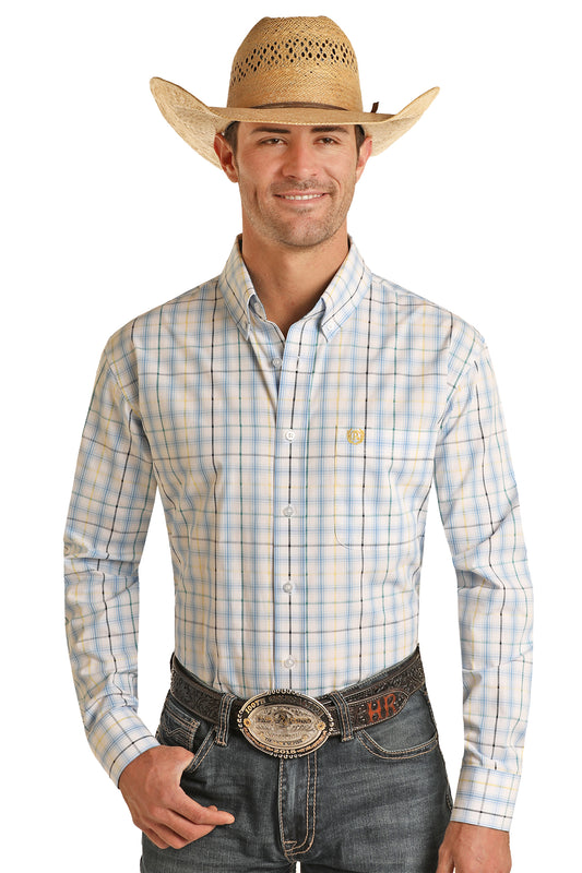 Camisa con botones Panhandle azul bebé a cuadros LS