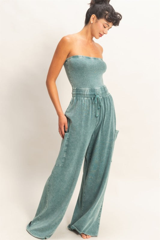 Teal Wide Leg Strapless Jumpsuit