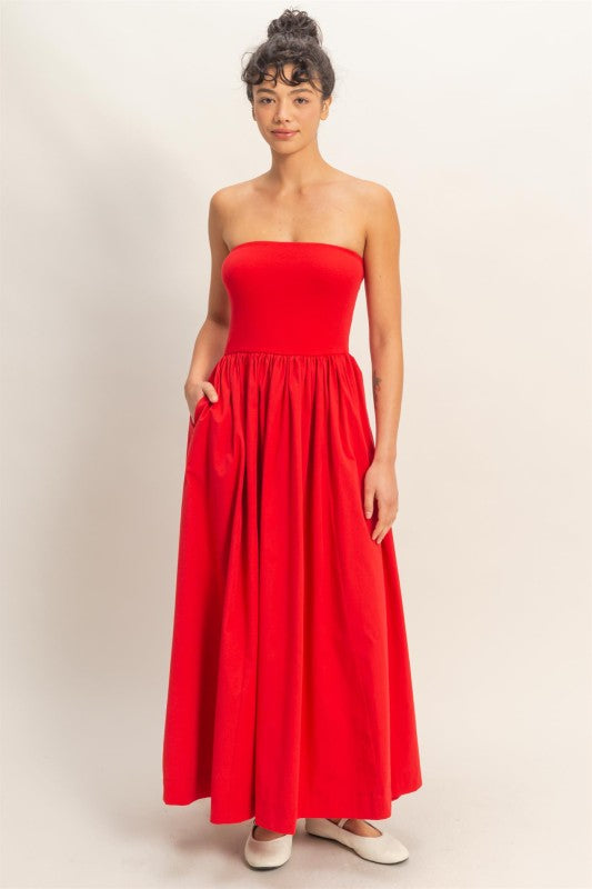 Red Strapless Cotton Dress