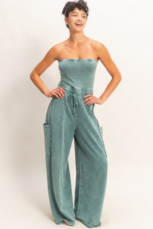 Teal Wide Leg Strapless Jumpsuit