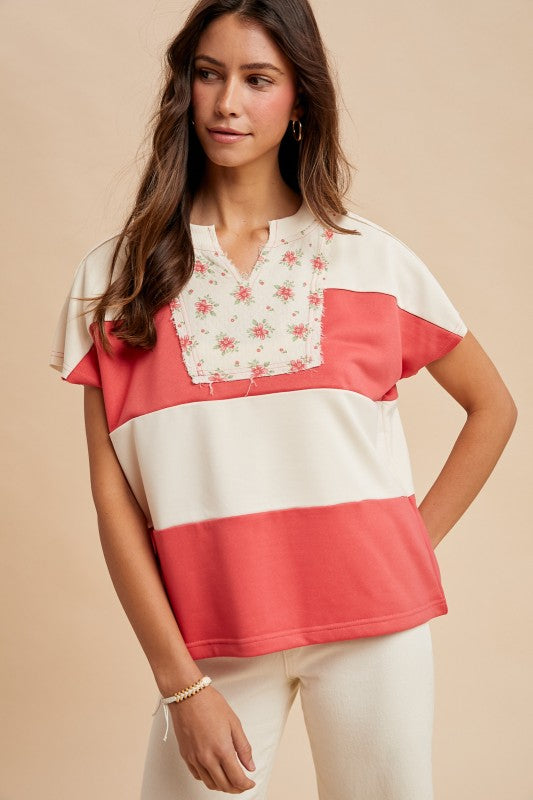 Coral Floral Quilt Patch Stripe Top
