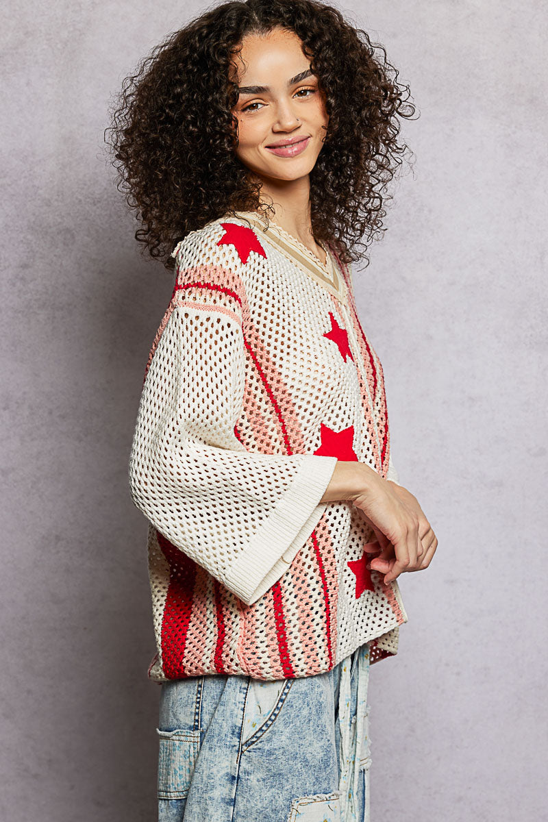 Red Crochet 3/4 Sleeve Top