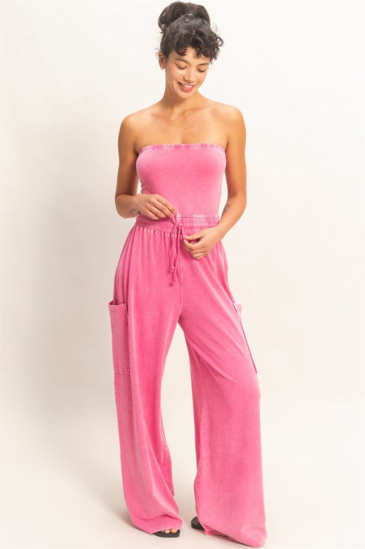 Fuchsia Wide Leg Strapless Jumpsuit