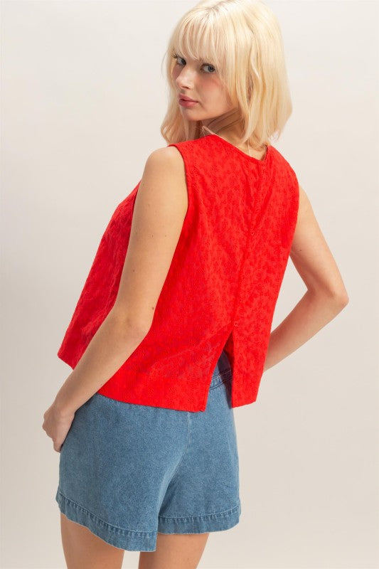 Red Eyelet Embroidered Top