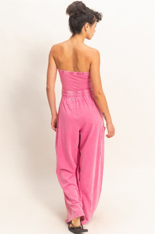 Fuchsia Wide Leg Strapless Jumpsuit