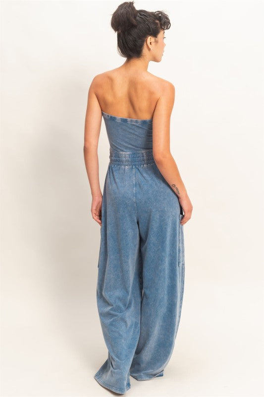 Navy Wide Leg Strapless Jumpsuit