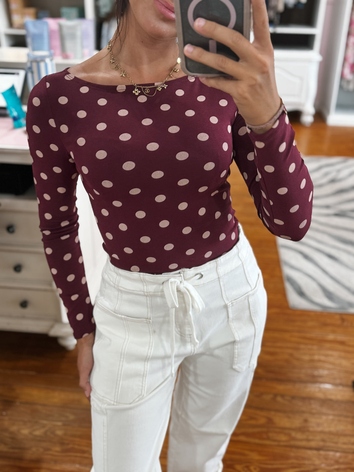 Burgundy Polka Dot Boat Neck Top