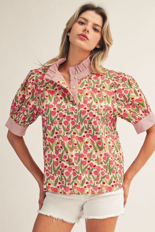 Red Contrast Floral Blouse