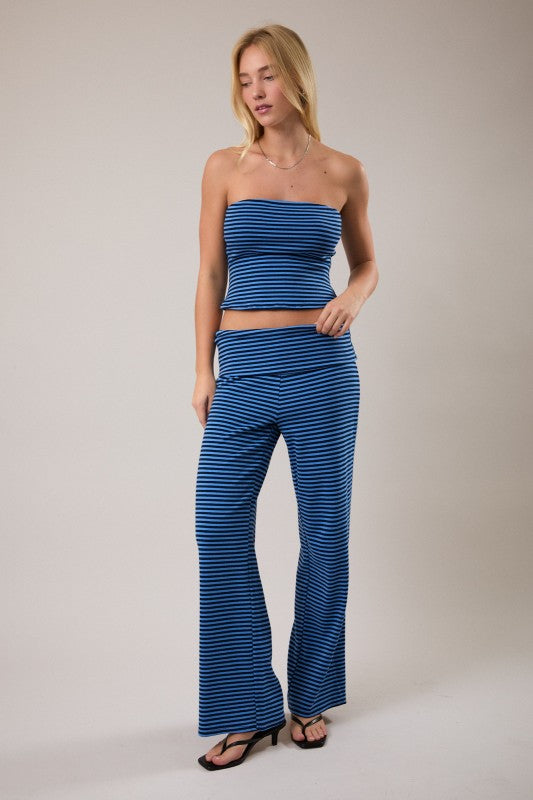 Navy & Blue Stripe Fold Over Pant