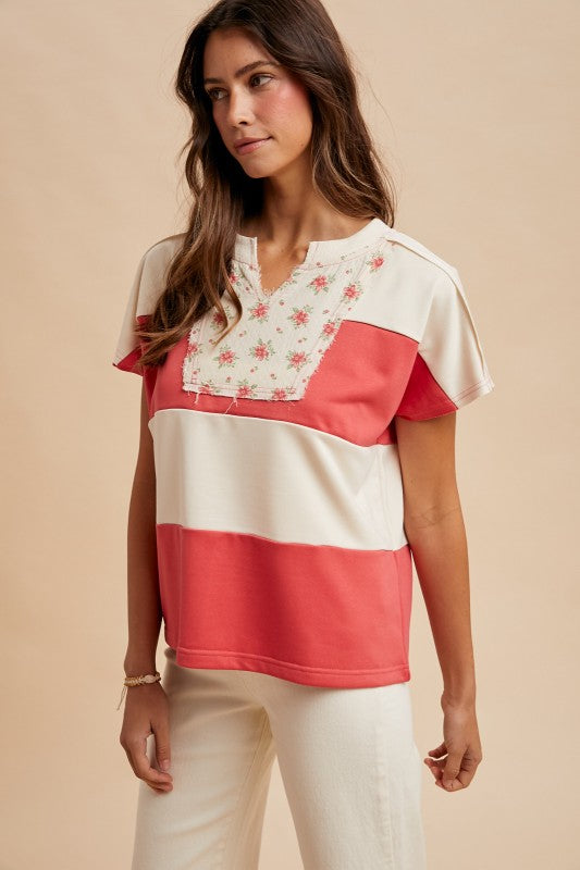 Coral Floral Quilt Patch Stripe Top