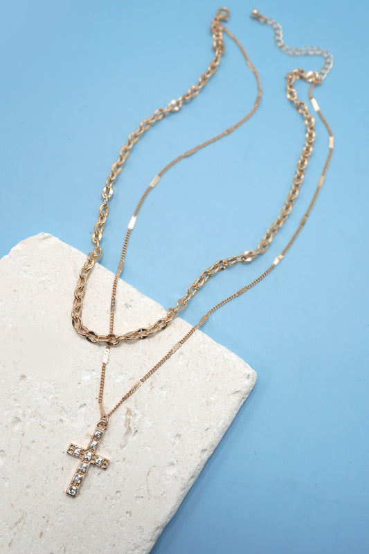 Layered Rhinestone Cross Necklace
