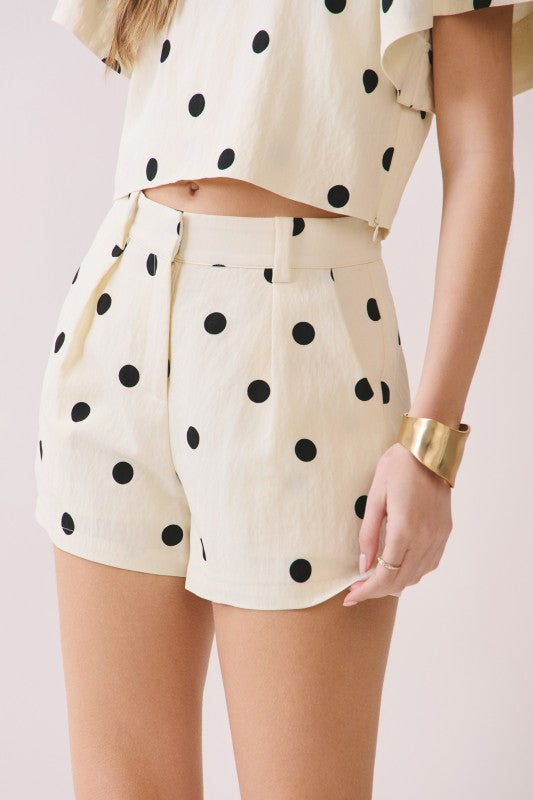 Cream Polka Dot Pleated Shorts
