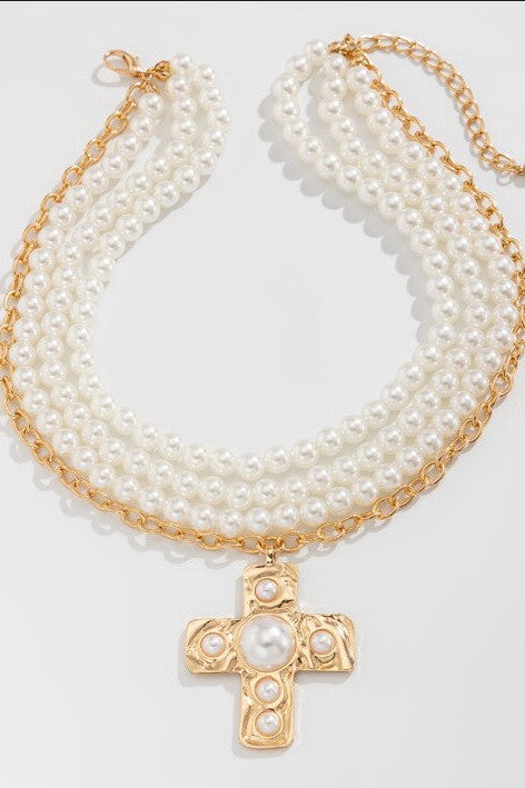 Pearl Layering Gold Cross Necklace