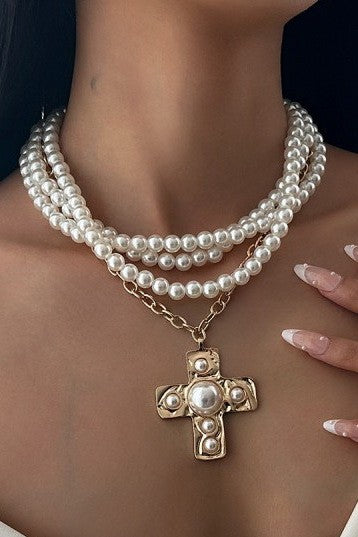 Pearl Layering Gold Cross Necklace