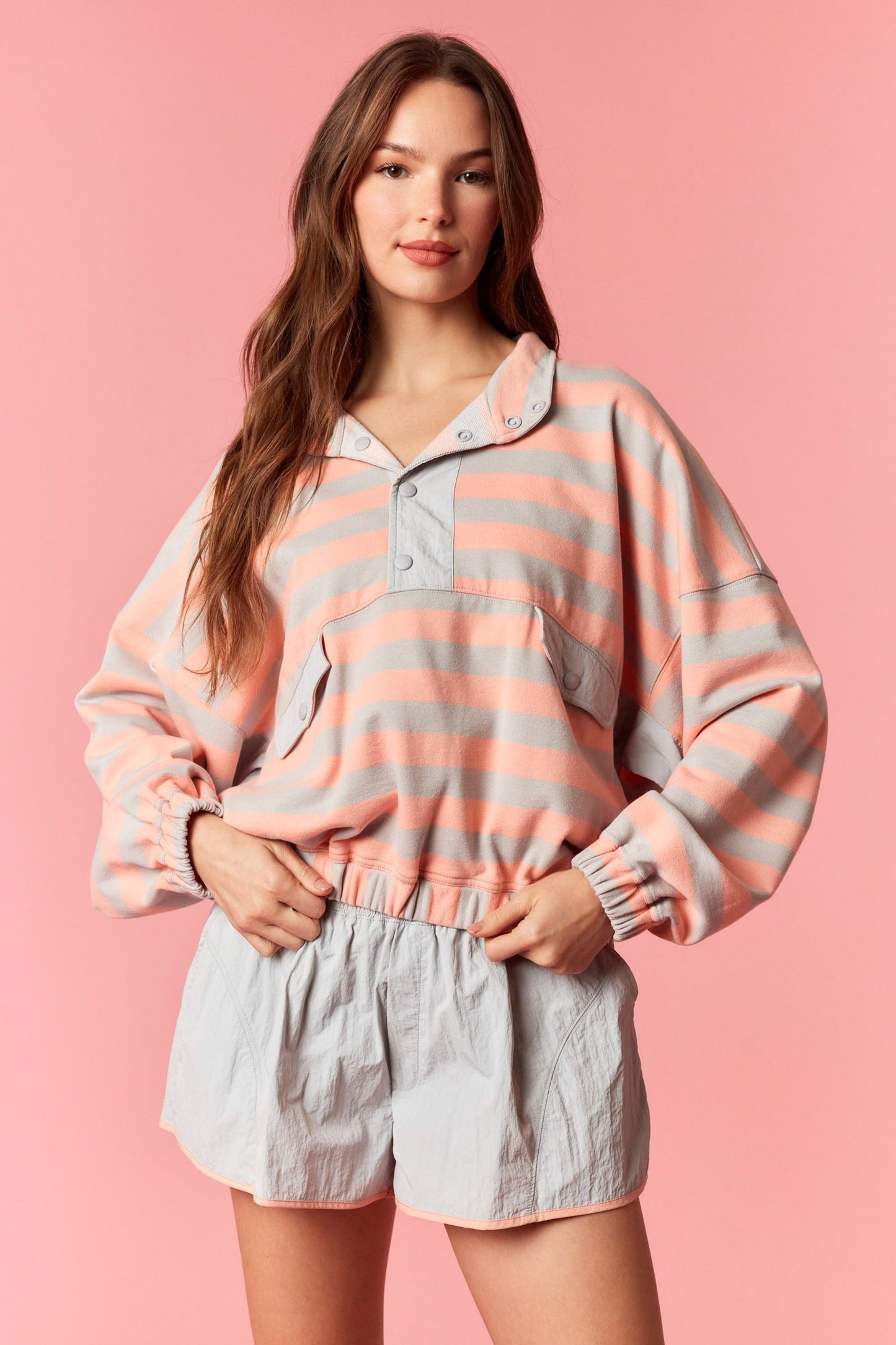 Grey & Salmon Stripe 1/4 Pullover