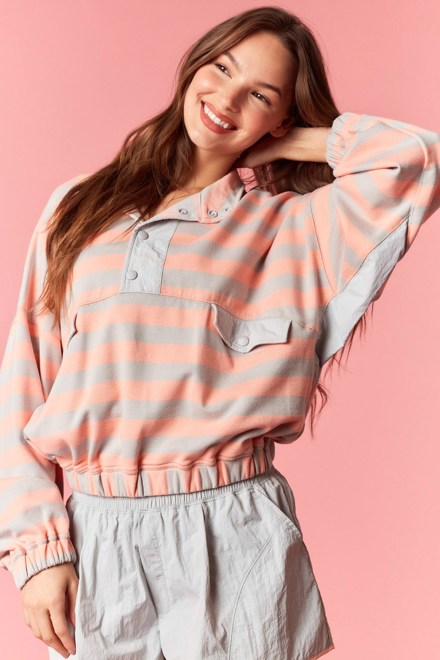 Grey & Salmon Stripe 1/4 Pullover