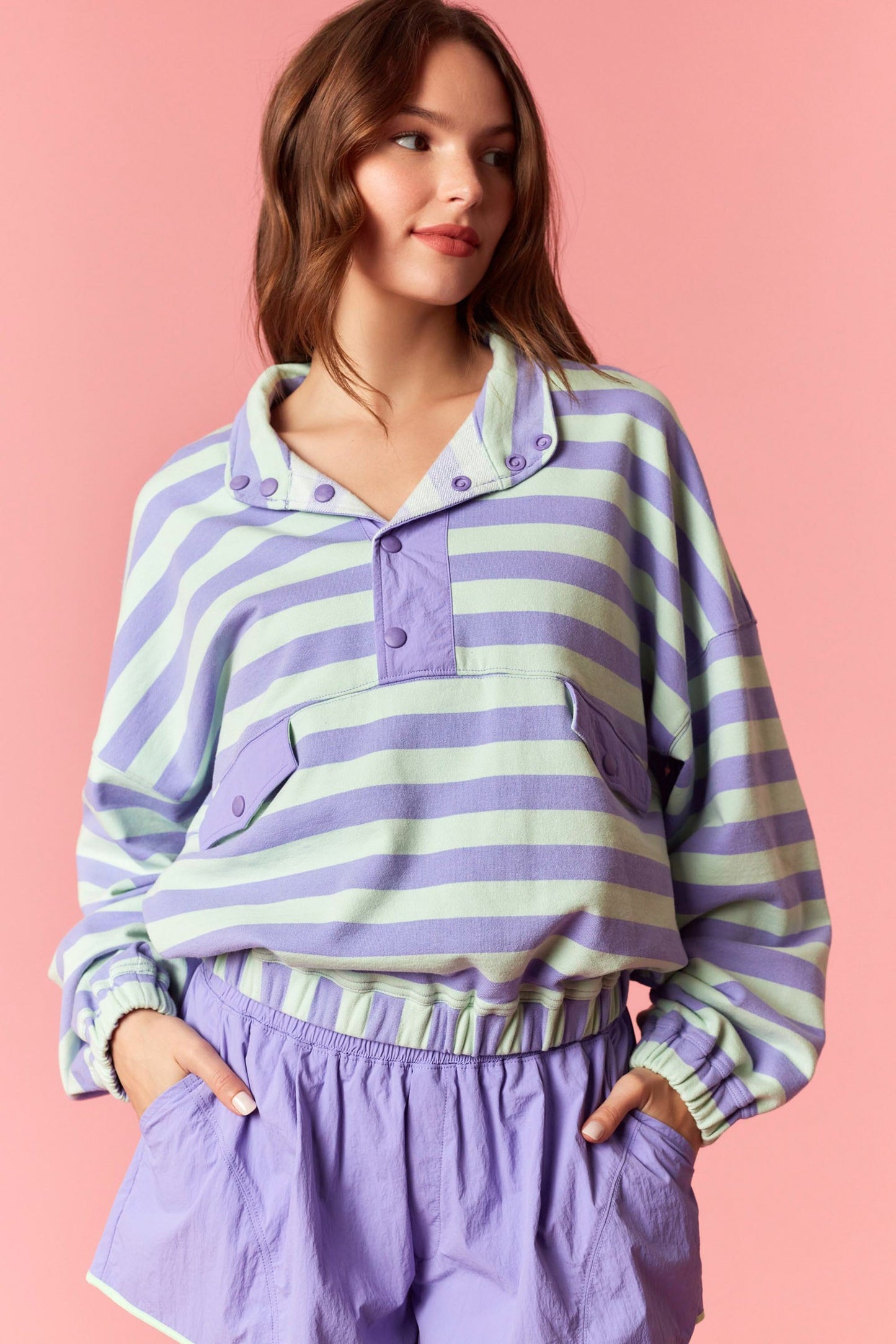 Lilac & Green Stripe 1/4 Pullover