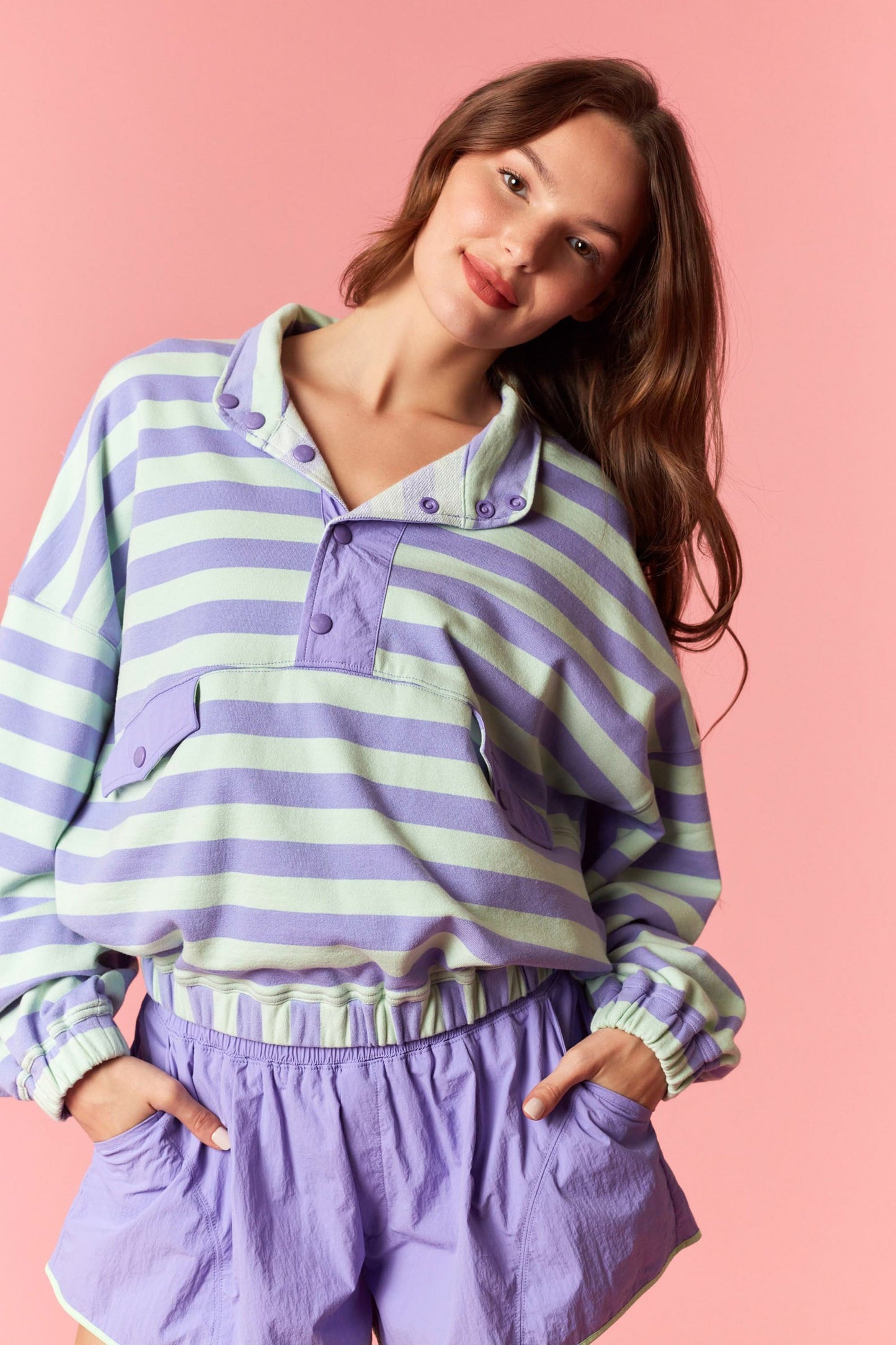 Lilac & Green Stripe 1/4 Pullover