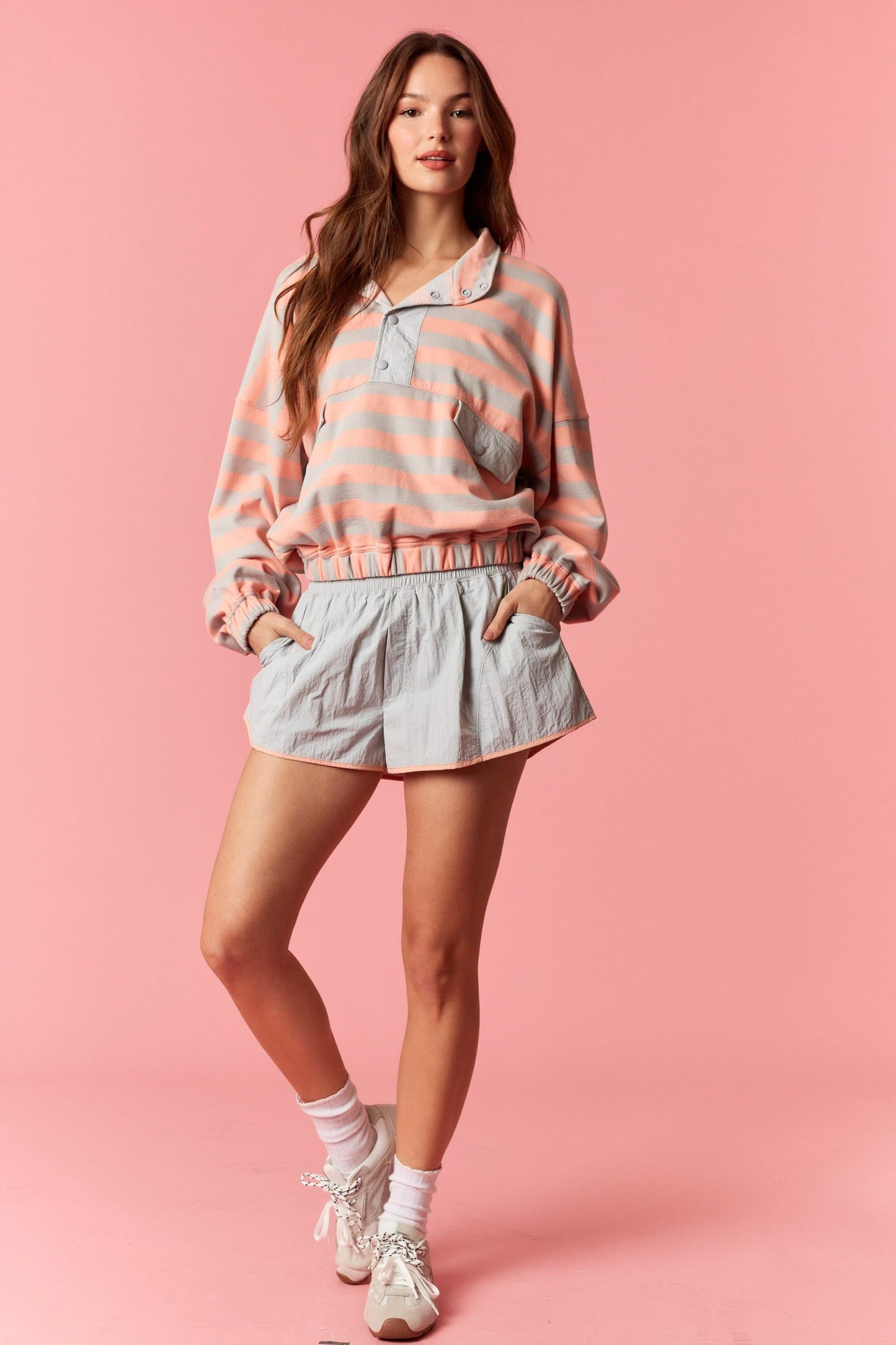 Grey & Salmon Stripe 1/4 Pullover