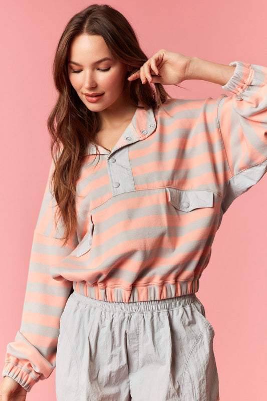 Grey & Salmon Stripe 1/4 Pullover