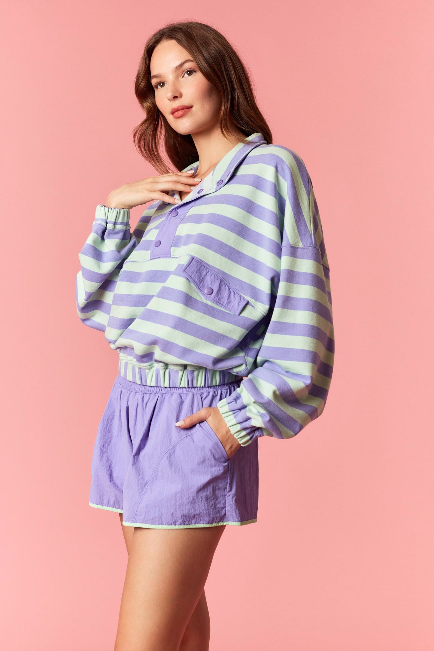 Lilac & Green Stripe 1/4 Pullover
