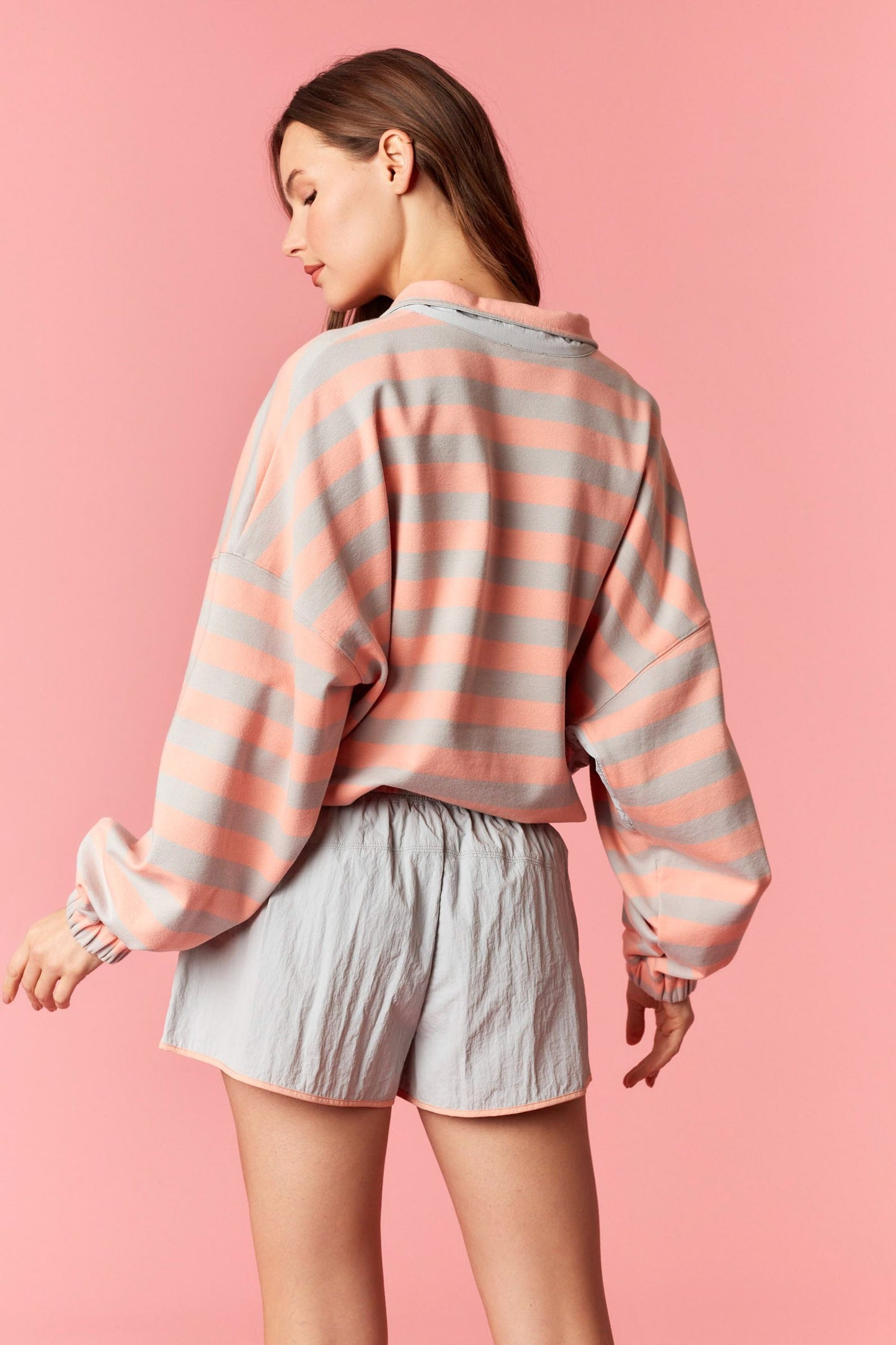 Grey & Salmon Stripe 1/4 Pullover